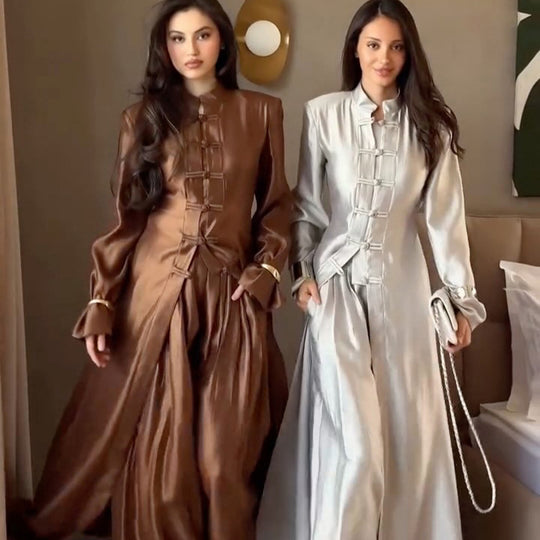 Damen Maxikleid mit Stehkragen, traditionellem Knotenverschluss und Ballonärmeln Nord Taschen
