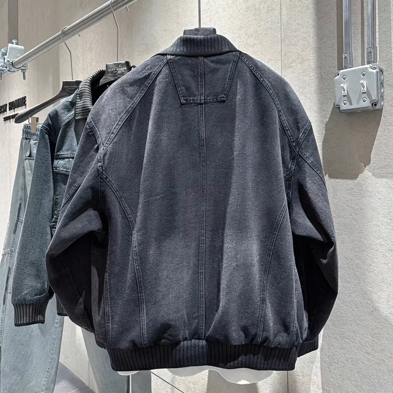 Herren Weitgeschnittene Jeansjacke mit geripptem Kontrastkragen und Vintage-Waschung Nord Taschen
