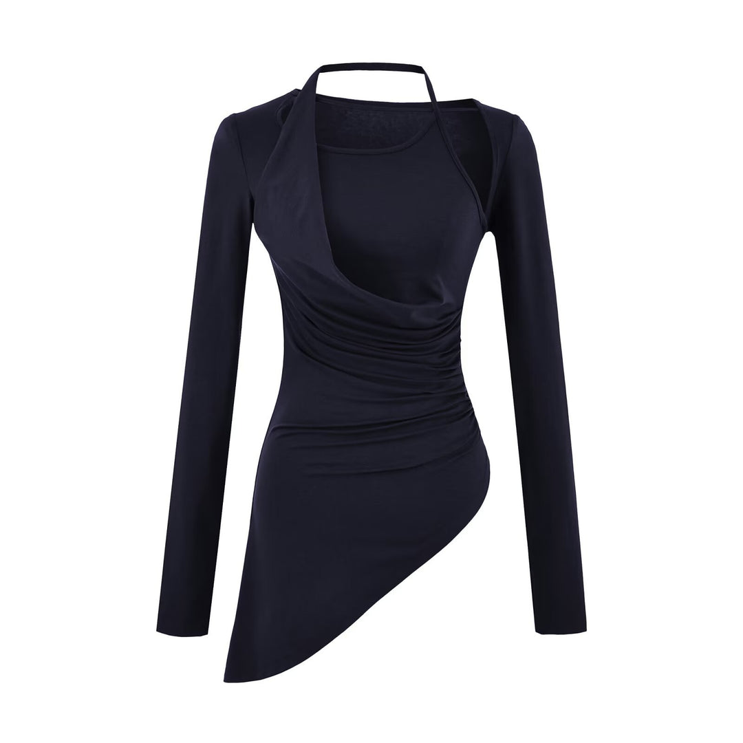 Damen Figurbetontes Langarm-Midikleid mit asymmetrischem Saum, Raffung und Neckholder Nord Taschen