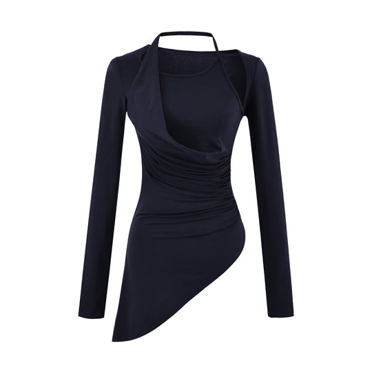 Damen Figurbetontes Langarm-Midikleid mit asymmetrischem Saum, Raffung und Neckholder Nord Taschen