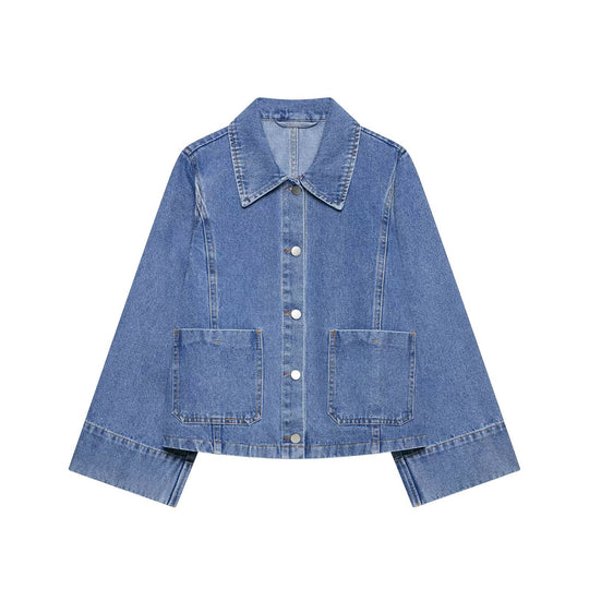 Damen Oversize-Jeansjacke mit Hemdkragen und großen aufgesetzten Taschen Nord Taschen