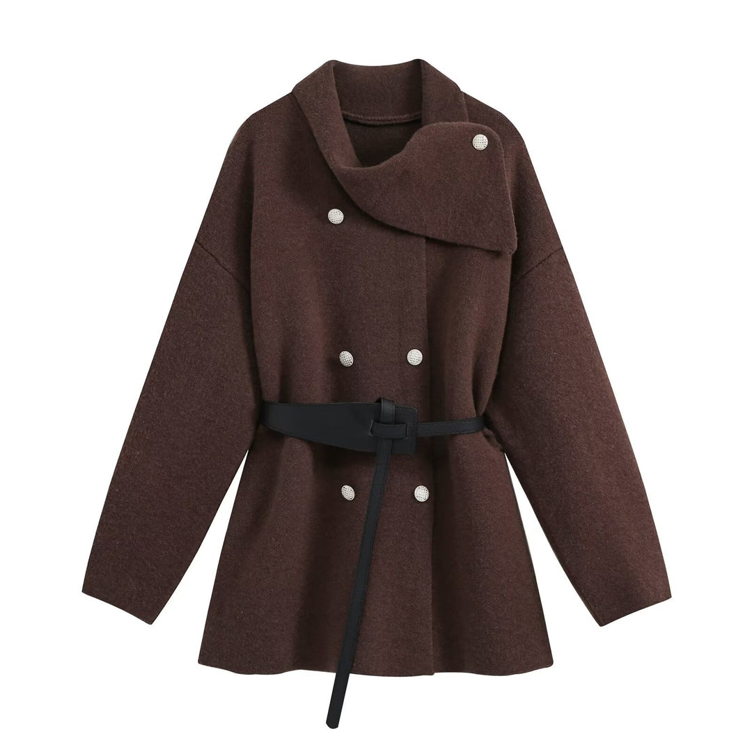 Damen Kurzmantel mit asymmetrischem Schalkragen, doppelreihiger Knopfleiste und Taillengürtel Nord Taschen