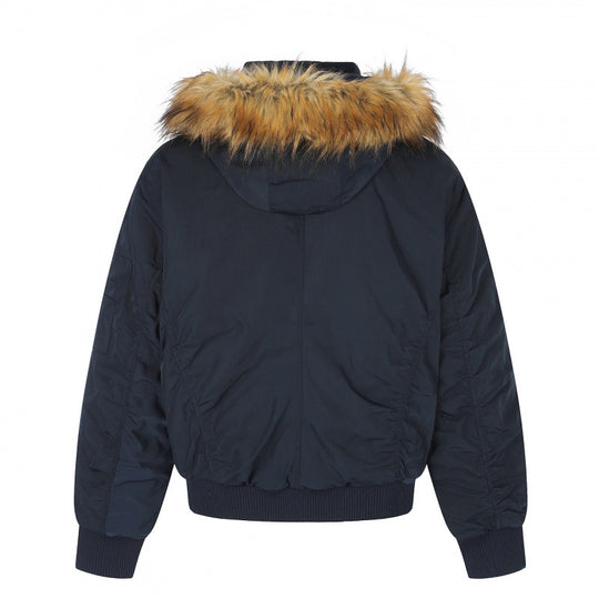 Damen Gefütterte Bomberjacke mit Kapuze und Kunstfellkragen Wattierte Winterjacke Nord Taschen