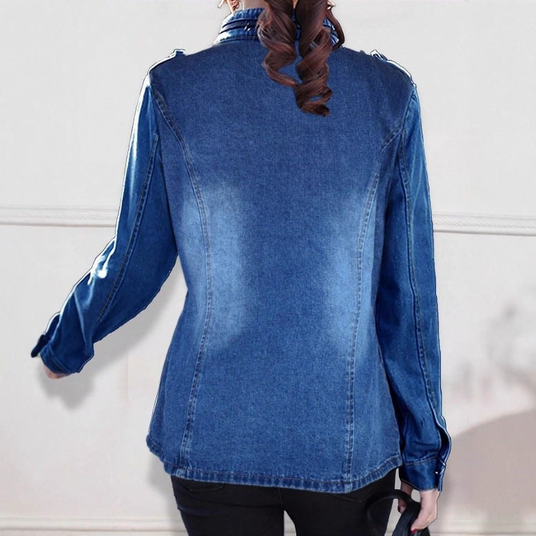Damen taillierte Denim‑Jacke mit Stehkragen, vier Pattentaschen und leicht ausgestelltem Saum Nord Taschen