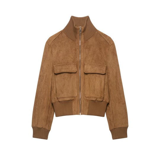 Damen kurzgeschnittene Wildleder-Bomberjacke mit hohem Rippkragen und Pattentaschen Nord Taschen