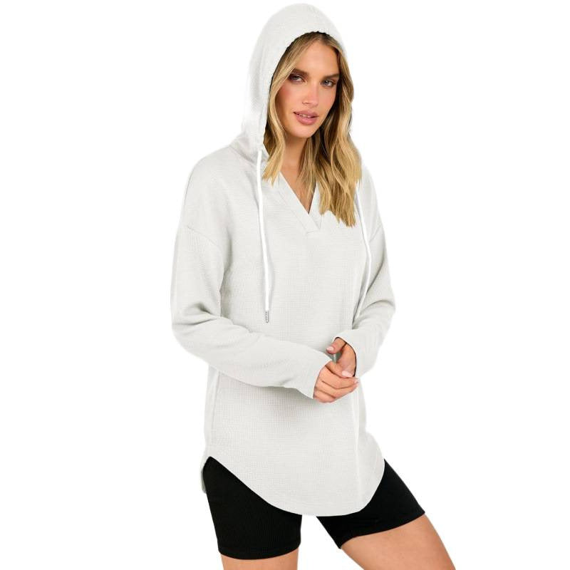 Damen Waffelstrick-Kapuzenpullover mit V-Ausschnitt, Oversize-Schnitt und Seitenschlitzen Nord Taschen