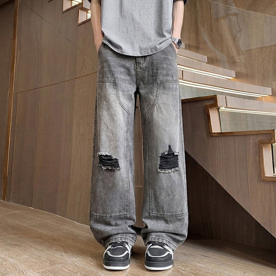 Herren Weite Baggy-Jeans mit Used‑Wash, Knie‑Rips & Utility‑Nähten Nord Taschen