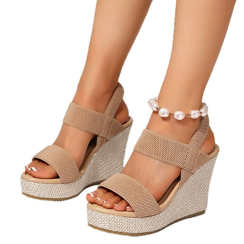 Damen nan Keilabsatz-Sandalen mit elastischen Textilriemen und geflochtenem Bast-Plateau