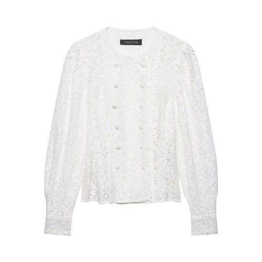 Damen Spitzenbluse im Jackenlook mit floralem Spitzenmuster und Zierknopfleiste Nord Taschen