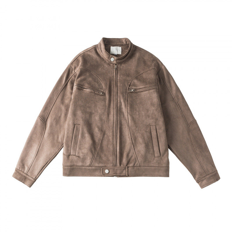 Unisex Kurzgeschnittene kastige Velours-Blousonjacke mit Stehkragen und Brustreißverschlüssen Nord Taschen