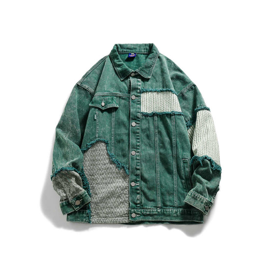 Unisex Patchwork-Jeansjacke mit Strickeinsätzen und ausgefransten Kanten Nord Taschen
