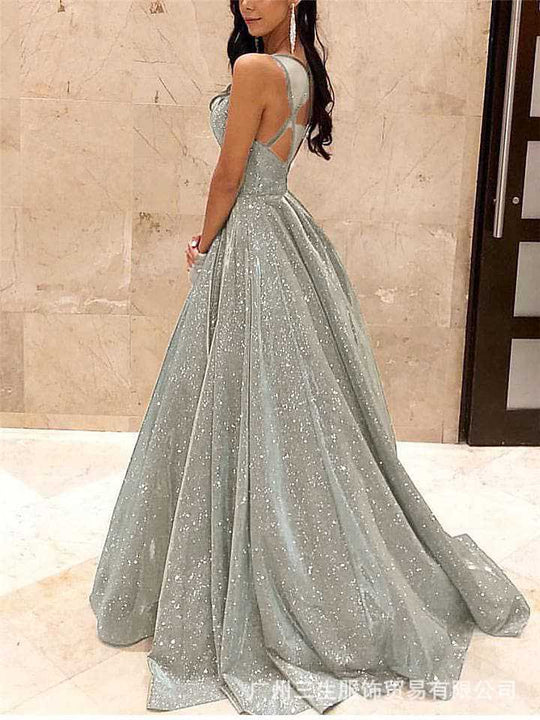 Damen Spaghettiträger V-Ausschnitt A-Linie Glitzer Maxikleid - Arvani