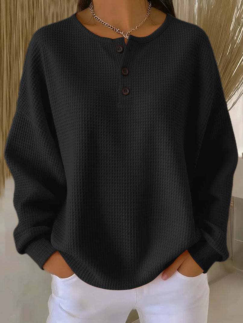 Damen Oversize Waffelstrick-Henleyshirt mit Knopfleiste und Rundhalsausschnitt Nord Taschen