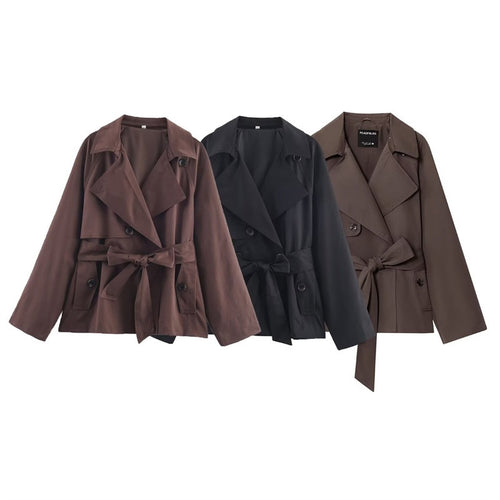 Damen Gekürzte Trenchjacke mit Schalkragen, Bindegürtel und Pattentaschen Nord Taschen