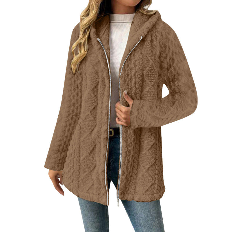 Damen Kapuzen-Sherpajacke mit Zopfmuster, mittellang und Zwei-Wege-Reißverschluss Nord Taschen