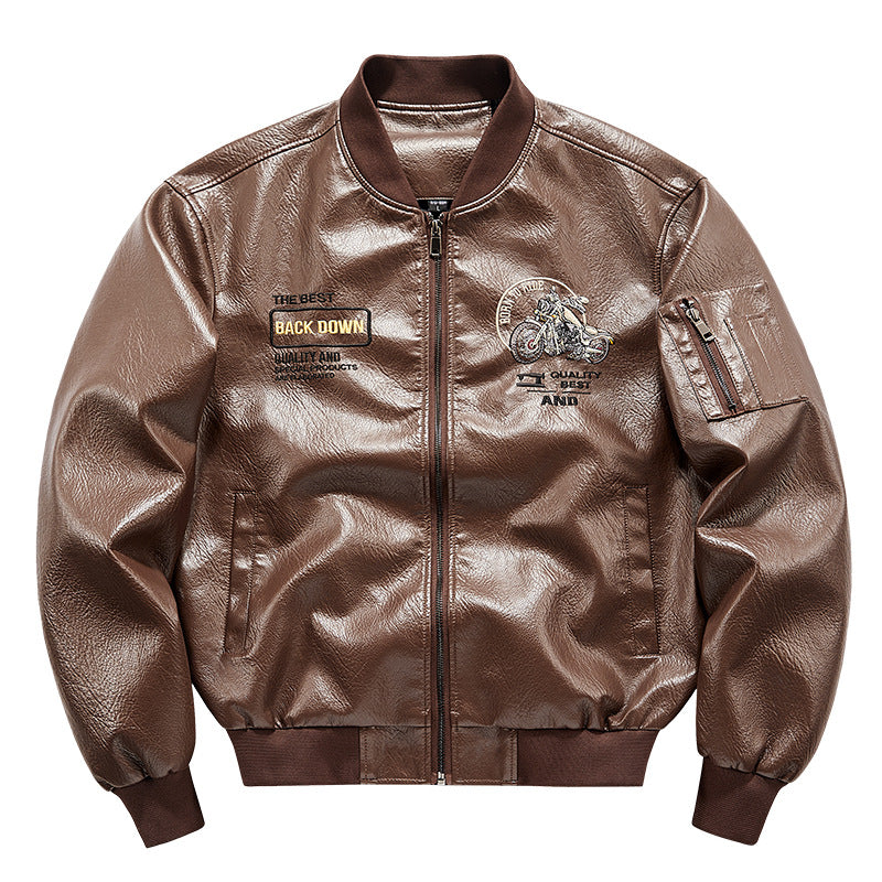Men's  motorcycle graphic faux-leather varsity bomber with embroidered back panel and sleeve utility pocket Nord Taschen
