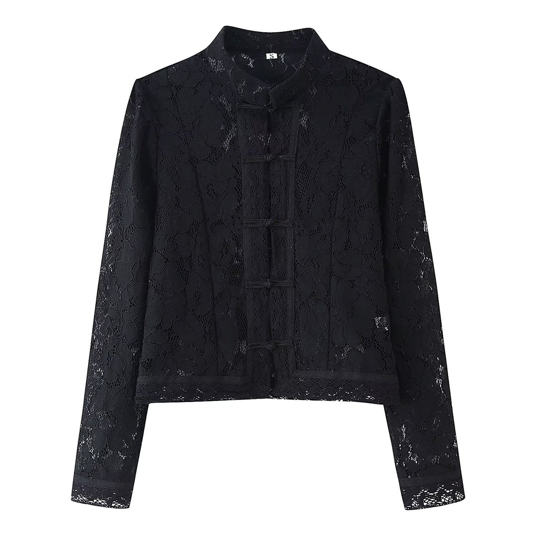 Damen Spitze Jacke mit Stehkragen, chinesischen Knoten und transparentem Floral-Design Nord Taschen