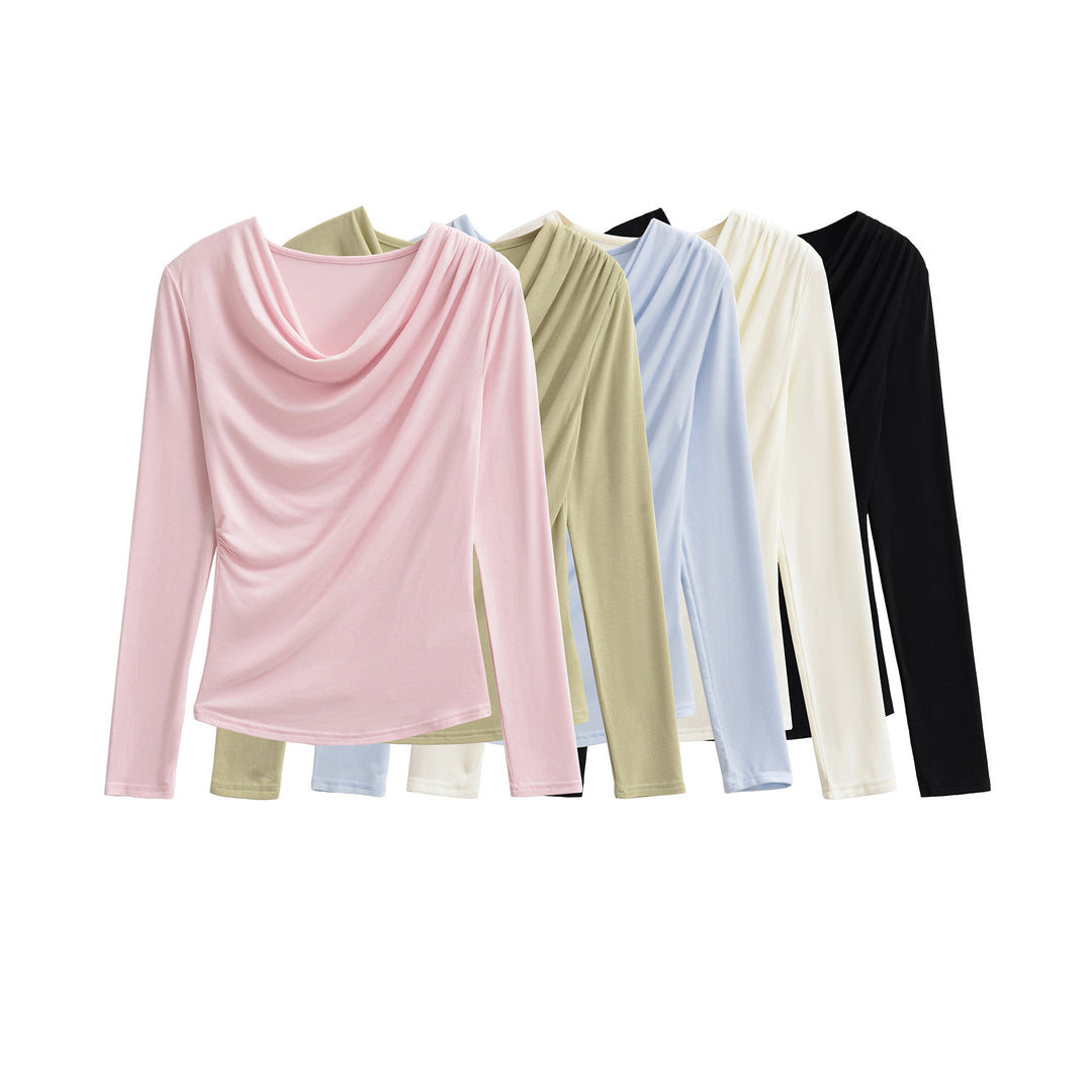 Damen Wasserfallkragen Langarmshirt mit Drapierung und taillierter Wickeloptik Nord Taschen