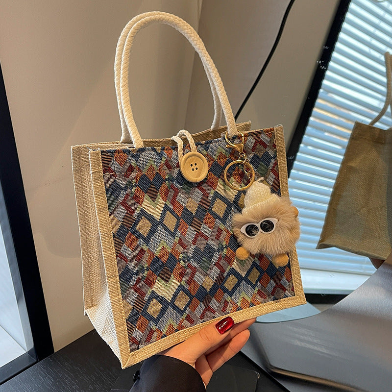 Damen modische Jute-Tragetasche mit buntem Grafikdesign Nord Taschen