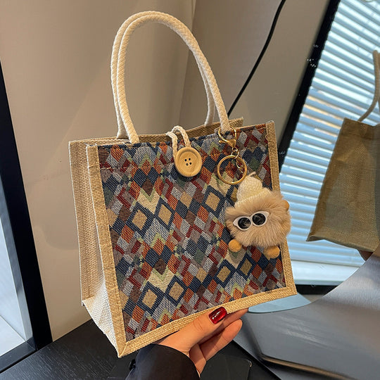 Damen modische Jute-Tragetasche mit buntem Grafikdesign Nord Taschen