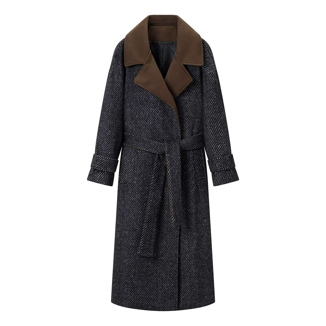 Damen Langer Woll-Herringbone Mantel mit Bindegürtel und großem Reverskragen Nord Taschen