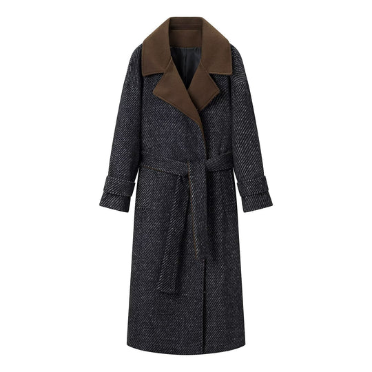 Damen Langer Woll-Herringbone Mantel mit Bindegürtel und großem Reverskragen Nord Taschen