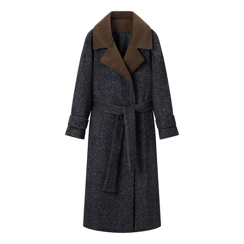 Damen Langer Woll-Herringbone Mantel mit Bindegürtel und großem Reverskragen Nord Taschen
