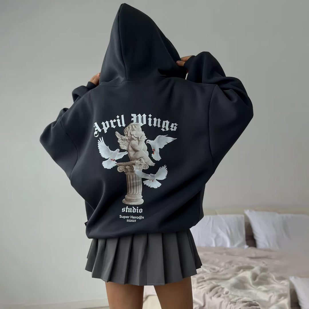Damen oversized Kapuzenpullover mit Engels-Print und kunstvollem Rückendruck Nord Taschen