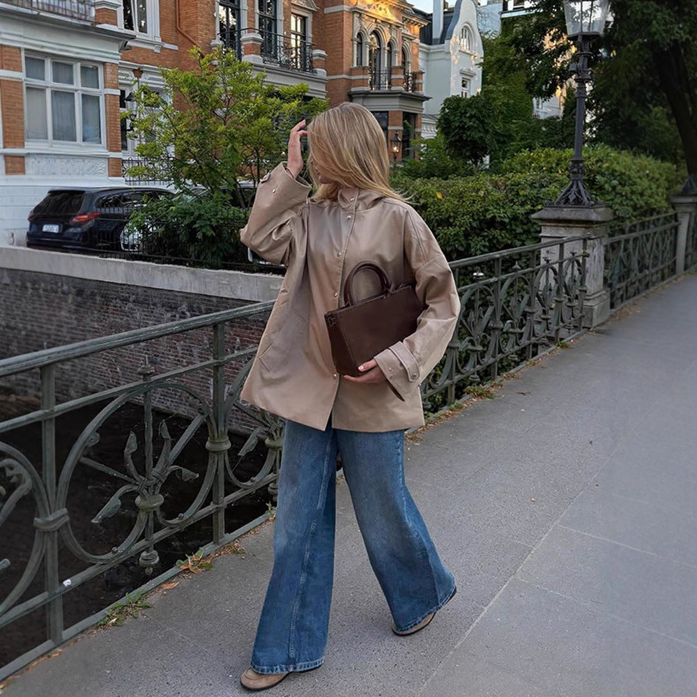Damen Oversize Kurzmantel im Trench‑Look mit kastiger Silhouette und verdeckter Druckknopfleiste Nord Taschen