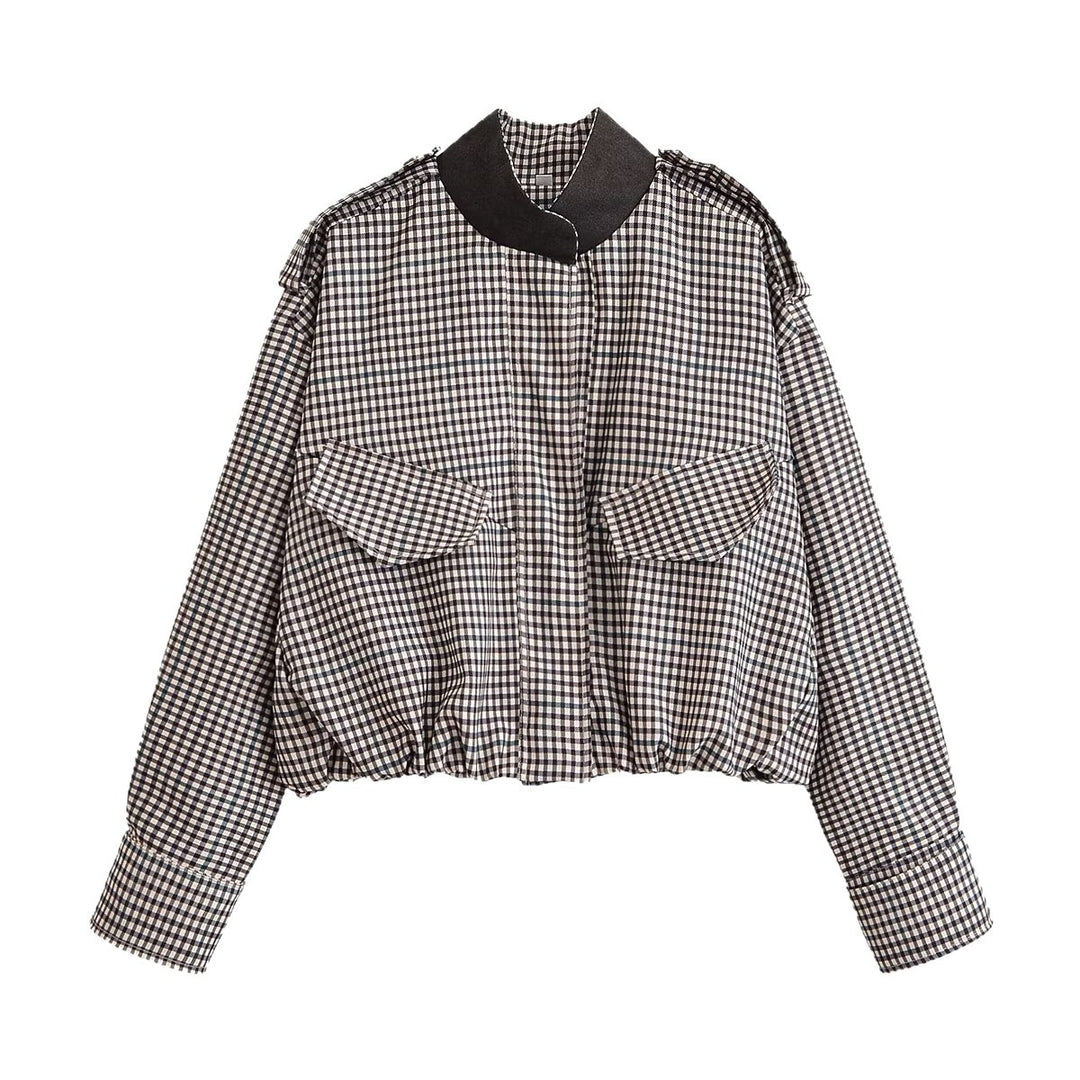 Damen Karierte Cropped-Boxy-Jacke mit Stehkragen, Pattentaschen und elastischem Saum Nord Taschen