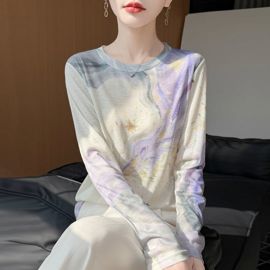 Damen Leichtes Langarmshirt aus Viskose-Mix mit Aquarellprint und Rundhalsausschnitt Nord Taschen