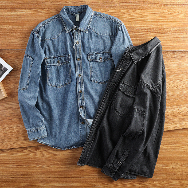 Herren Relaxed Denim‑Hemdjacke mit aufgesetzten Pattentaschen, verstärkten Ellenbogen und sichtbarer Knopfleiste Nord Taschen