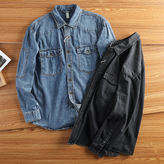 Herren Relaxed Denim‑Hemdjacke mit aufgesetzten Pattentaschen, verstärkten Ellenbogen und sichtbarer Knopfleiste Nord Taschen