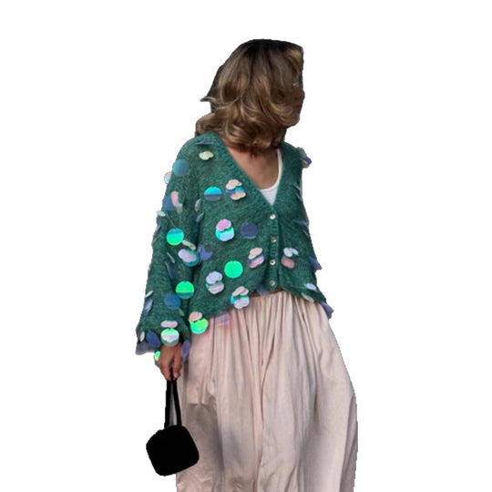 Damen Grobgestrickter Mohair-Cardigan mit übergroßen Pailletten und kastiger Silhouette Nord Taschen