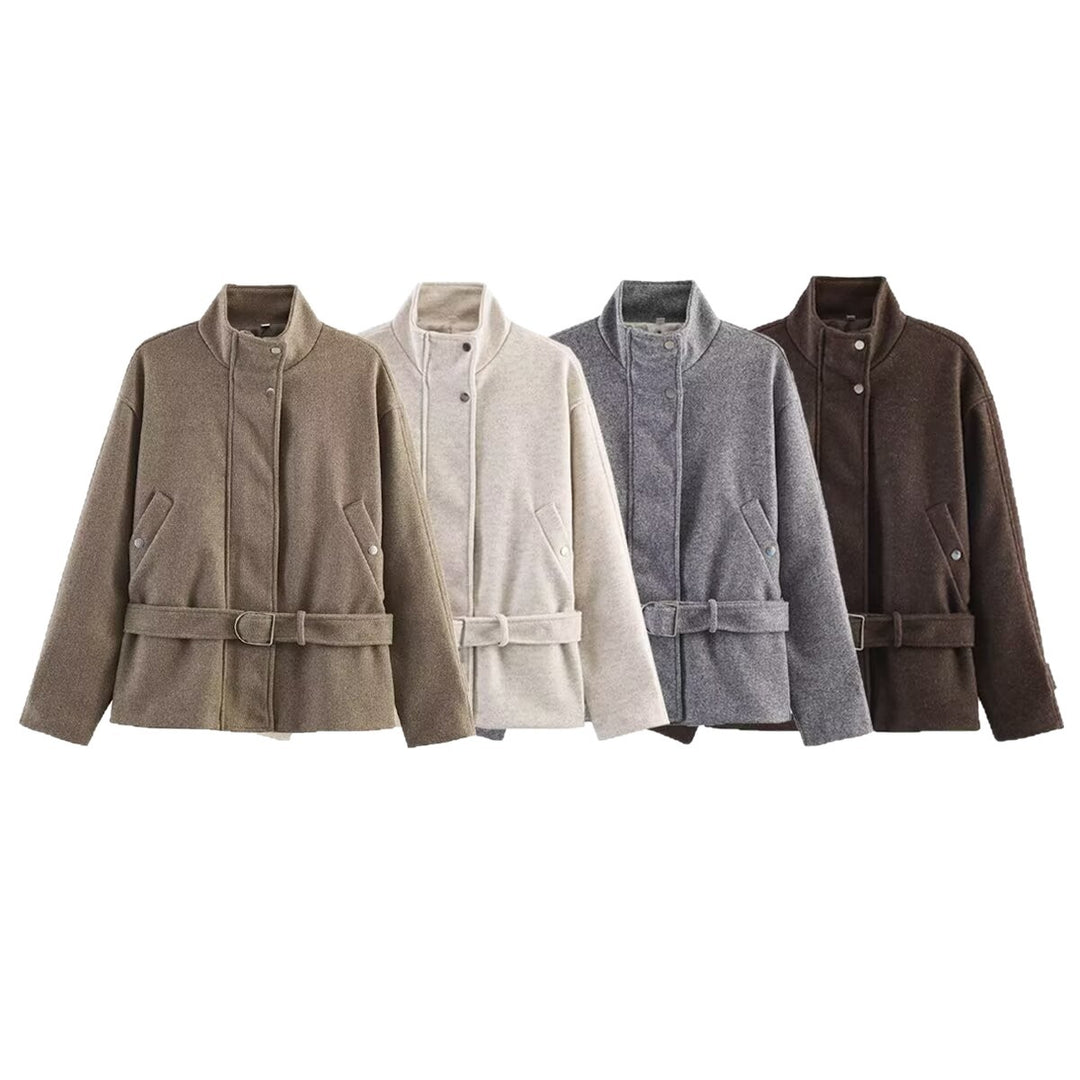 Damen Kurzjacke aus Wollmix mit Taillengürtel und Stehkragen Nord Taschen