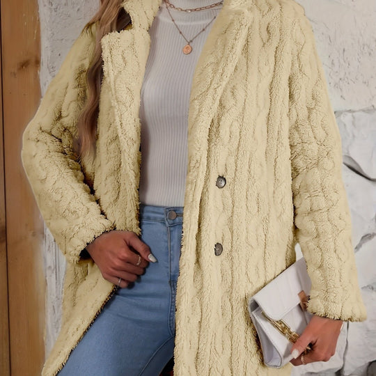 Damen Midilanger Teddy-Mantel mit Zopfmuster, Reverskragen und doppelt geknöpfter Front Nord Taschen