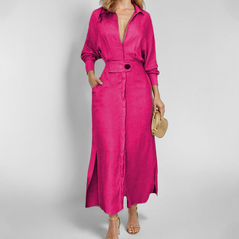 Damen Leinen-Maxikleid mit Hemdkragen, Taillengürtel und seitlichen Beinschlitzen Nord Taschen