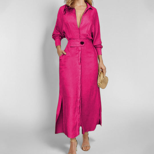 Damen Leinen-Maxikleid mit Hemdkragen, Taillengürtel und seitlichen Beinschlitzen Nord Taschen