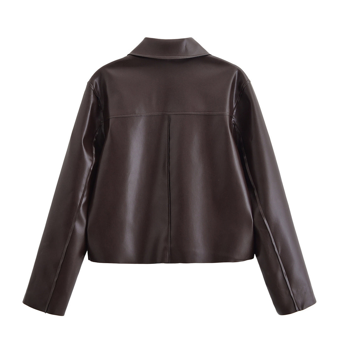 Damen Kurze Boxy-Lederoptikjacke mit Pattentaschen und Hemdkragen Nord Taschen
