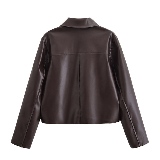 Damen Kurze Boxy-Lederoptikjacke mit Pattentaschen und Hemdkragen Nord Taschen