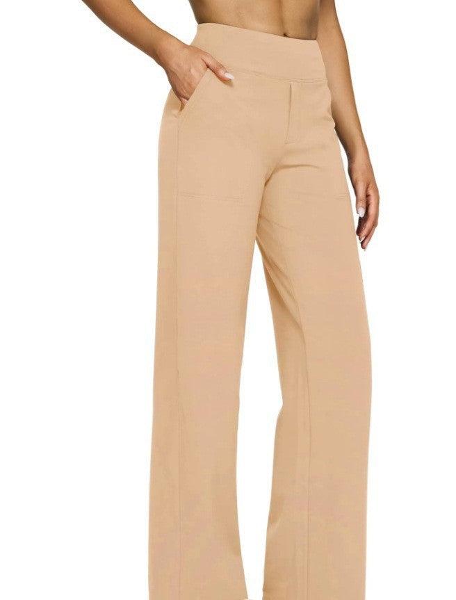 Damen nan fließende High-Waist-Hose mit extra weitem Bein, elastischem Komfortbund und Eingrifftaschen