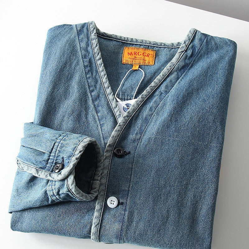 Herren Leichtes Jeans-Sakko im Overshirt-Stil mit V‑Ausschnitt und aufgesetzten Taschen Nord Taschen