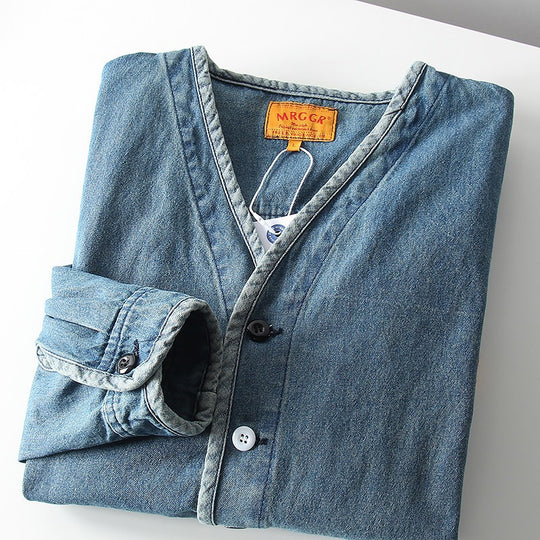 Herren Leichtes Jeans-Sakko im Overshirt-Stil mit V‑Ausschnitt und aufgesetzten Taschen Nord Taschen