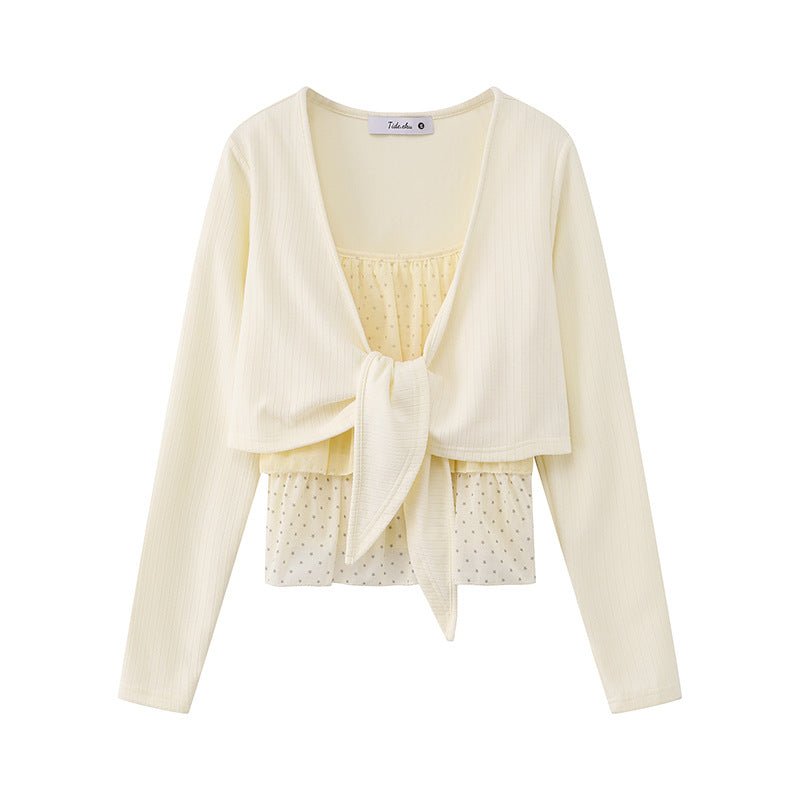 Damen Zweiteiliges Langarm-Top mit Knotenvorderseite und zartem Chiffon-Untertop Nord Taschen