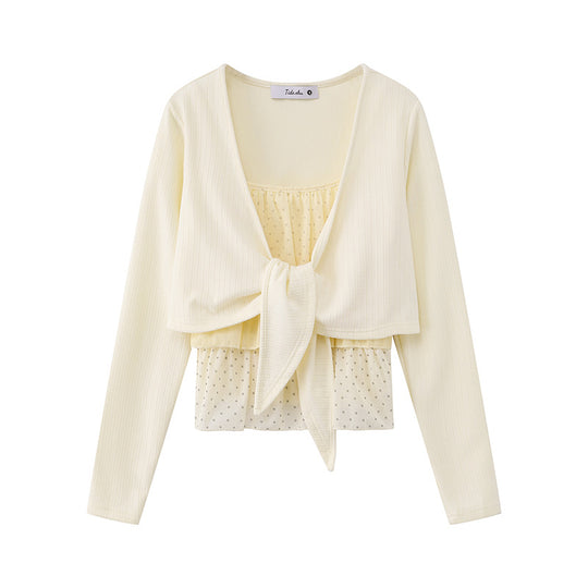 Damen Zweiteiliges Langarm-Top mit Knotenvorderseite und zartem Chiffon-Untertop Nord Taschen