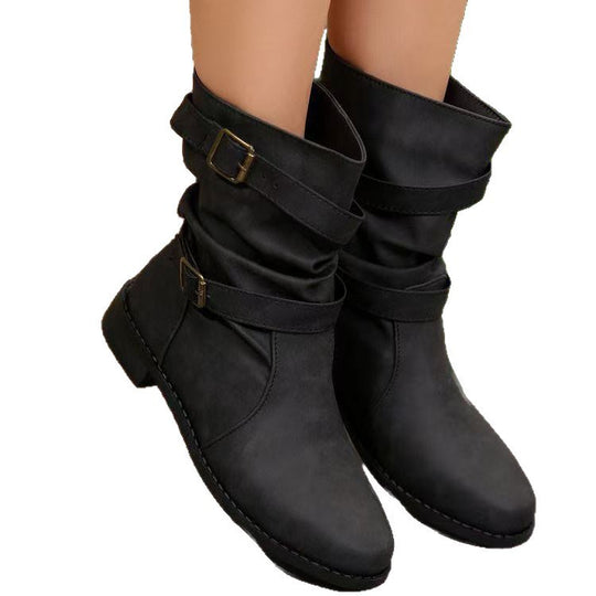 Damen Lässige Slouch-Stiefel mit verstellbaren Zierschnallen, flacher Profilsohle und weichem Kunstleder Nord Taschen