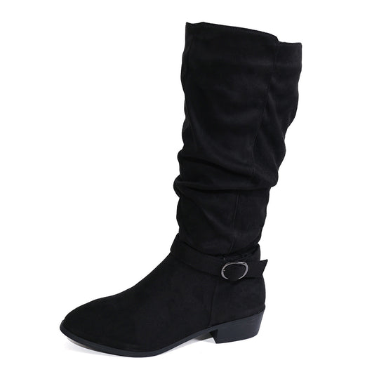 Damen nan kniehoher Slouch-Stiefel aus weichem Microvelours mit Ziergurt und niedrigem Blockabsatz Nord Taschen