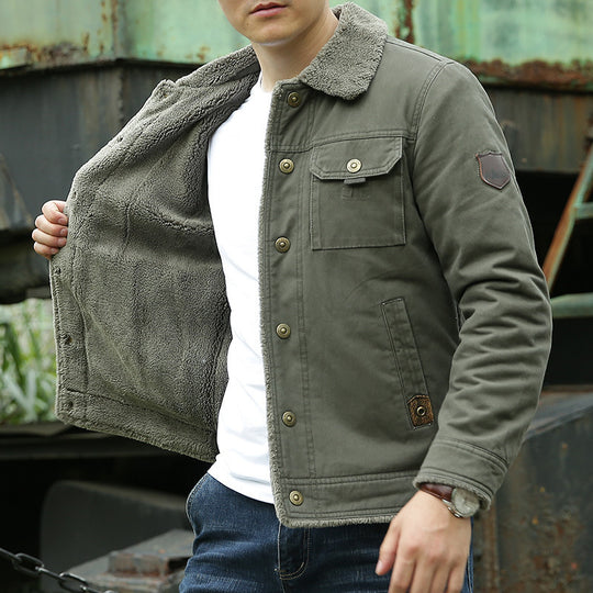 Herren Sherpagefütterte Canvas‑Truckerjacke mit Teddyfutter und Hemdkragen Nord Taschen