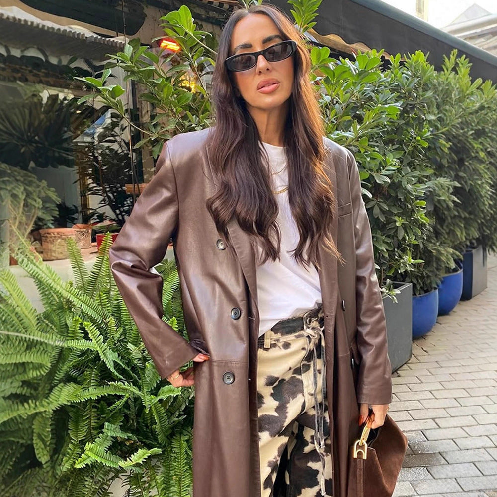 Damen langer Lederimitatmantel mit doppelreihiger Knopfleiste und Oversize-Schnitt Nord Taschen