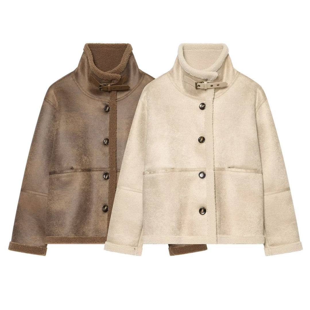 Damen Kurzjacke aus Teddy-Fleece mit Funnelkragen und Schnallenverschluss Nord Taschen